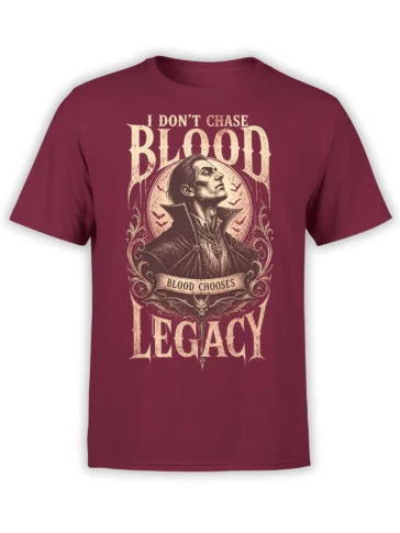 Vintage vampire portrait T-shirt in burgundy with bats, ornate details, and cream Blood Legacy lettering