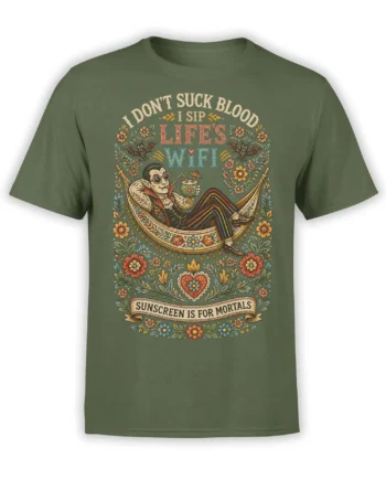 Green vampire T-shirt with a lounging vampire, cocktail, bats, flowers, and sarcastic gothic lettering