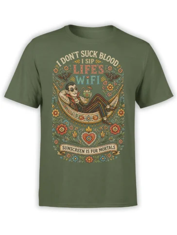 Green vampire T-shirt with a lounging vampire, cocktail, bats, flowers, and sarcastic gothic lettering