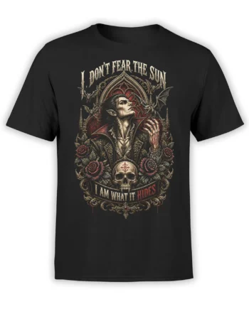 Black shirt with a gothic vampire portrait, bats, red roses, skull, and vintage horror lettering