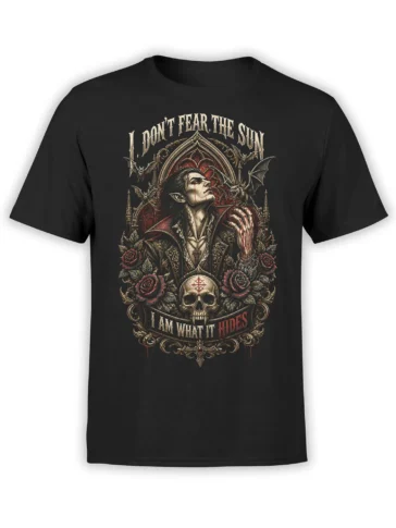 Black shirt with a gothic vampire portrait, bats, red roses, skull, and vintage horror lettering