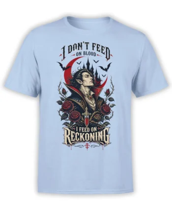 Light blue vampire T-shirt with gothic portrait, red roses, bats, crimson moon, castle, and reckoning text