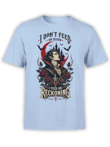 Light blue vampire T-shirt with gothic portrait, red roses, bats, crimson moon, castle, and reckoning text