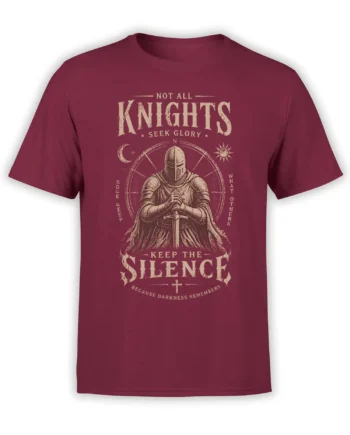 Vintage burgundy knight T-shirt with armored warrior, sword, moon, sun, and silent oath lettering