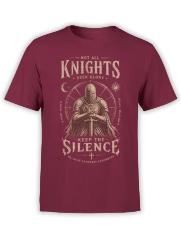 Vintage burgundy knight T-shirt with armored warrior, sword, moon, sun, and silent oath lettering