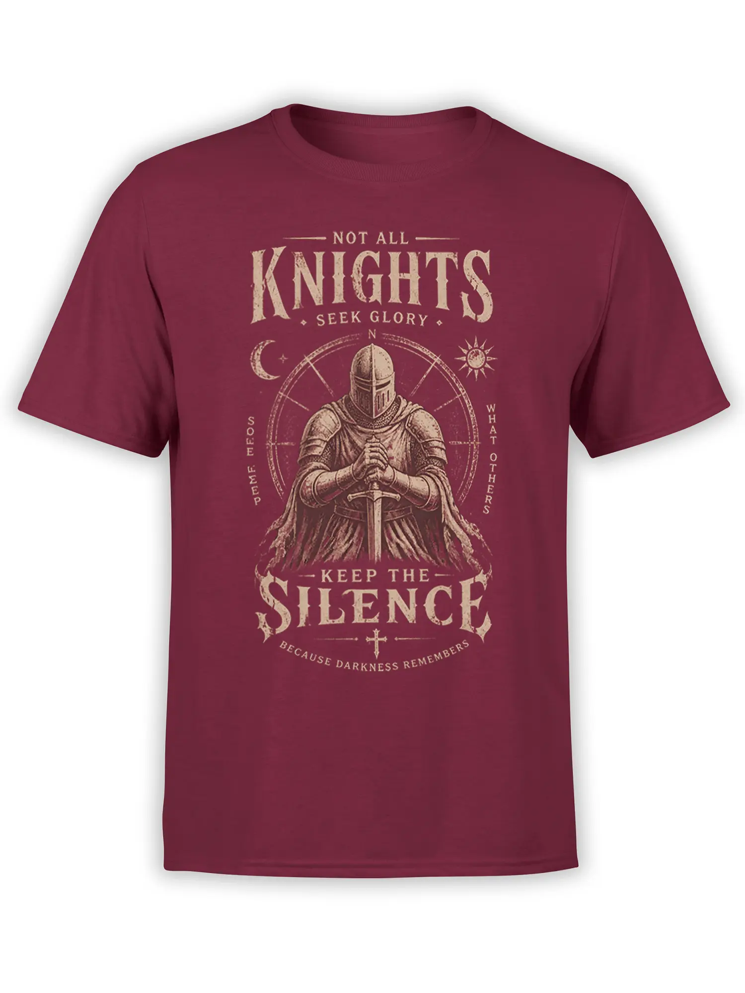 Vintage burgundy knight T-shirt with armored warrior, sword, moon, sun, and silent oath lettering