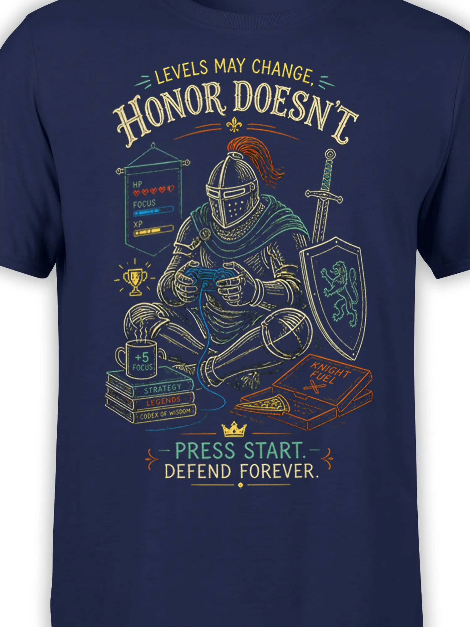 Close-up of fantasy knight gaming artwork on navy fabric with armor, controller, shield, sword, and colorful text