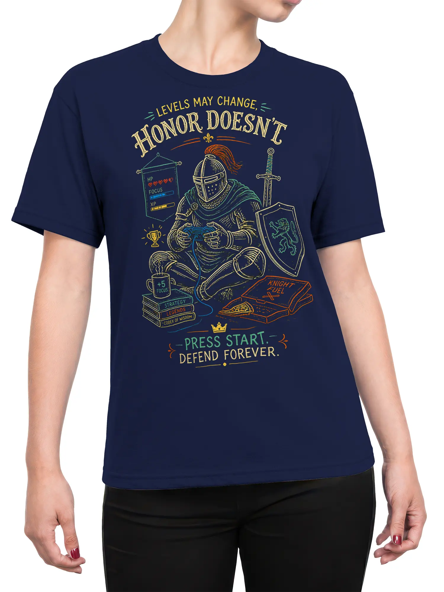 Female torso wearing a navy fantasy knight T-shirt with gaming artwork, sword, shield, coffee, books, pizza, and honor text