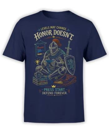 Fantasy knight gaming design on a navy T-shirt with sword, shield, controller, coffee, books, pizza, and honor text
