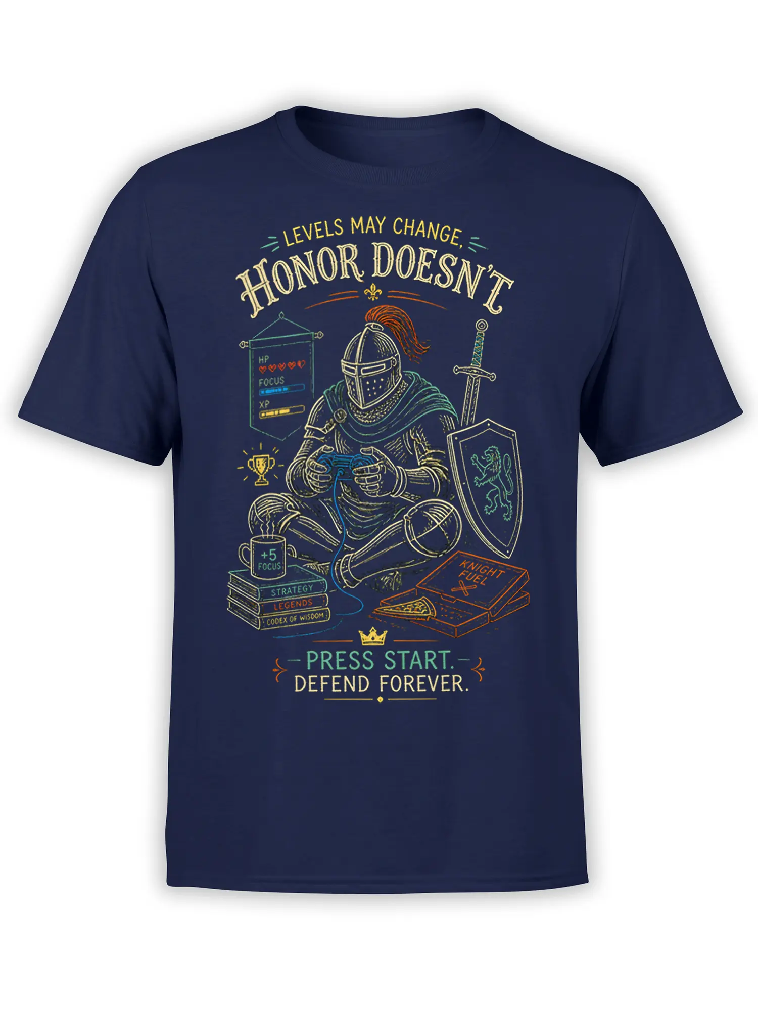 Fantasy knight gaming design on a navy T-shirt with sword, shield, controller, coffee, books, pizza, and honor text