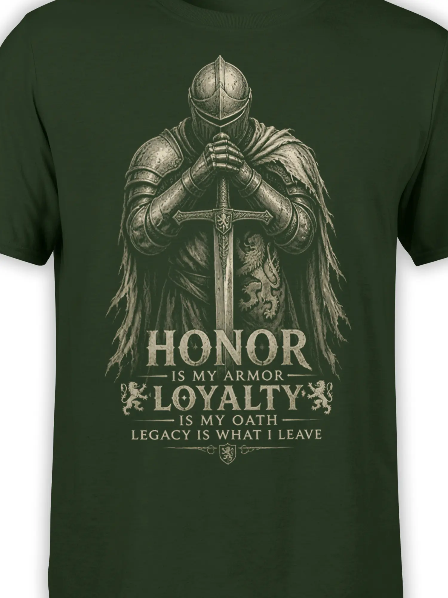 Close-up of armored knight, sword, dragon emblem, and vintage honor text on green T-shirt