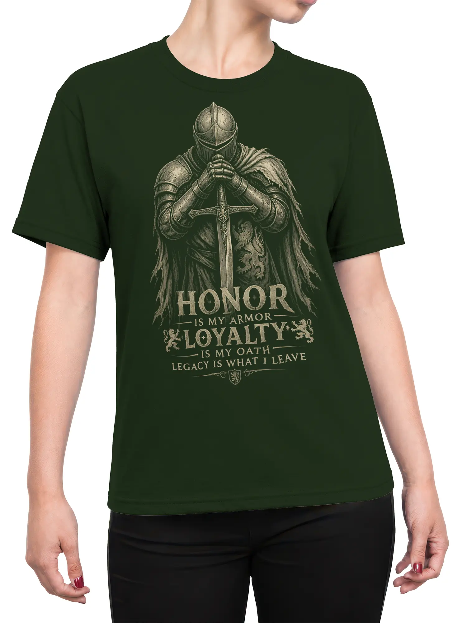 Female torso wearing green knight T-shirt with sword, dragon emblem, and honor loyalty design