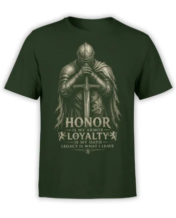 Armored knight with sword and dragon emblem on green T-shirt with honor and loyalty text