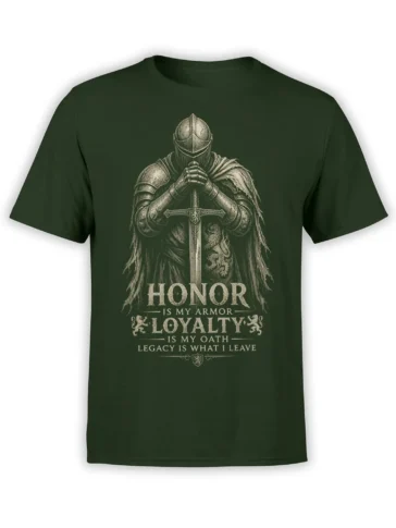 Armored knight with sword and dragon emblem on green T-shirt with honor and loyalty text