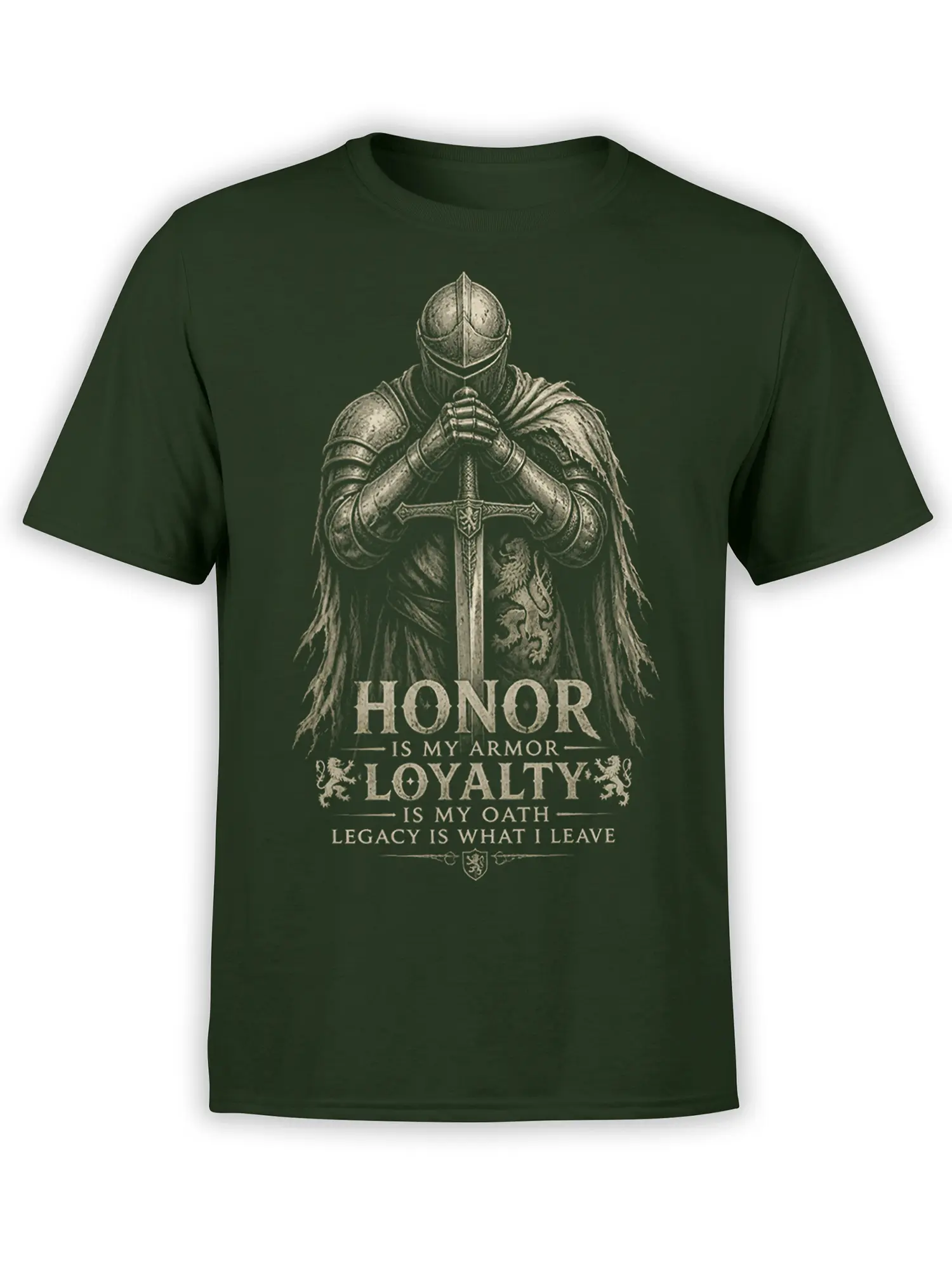 Armored knight with sword and dragon emblem on green T-shirt with honor and loyalty text