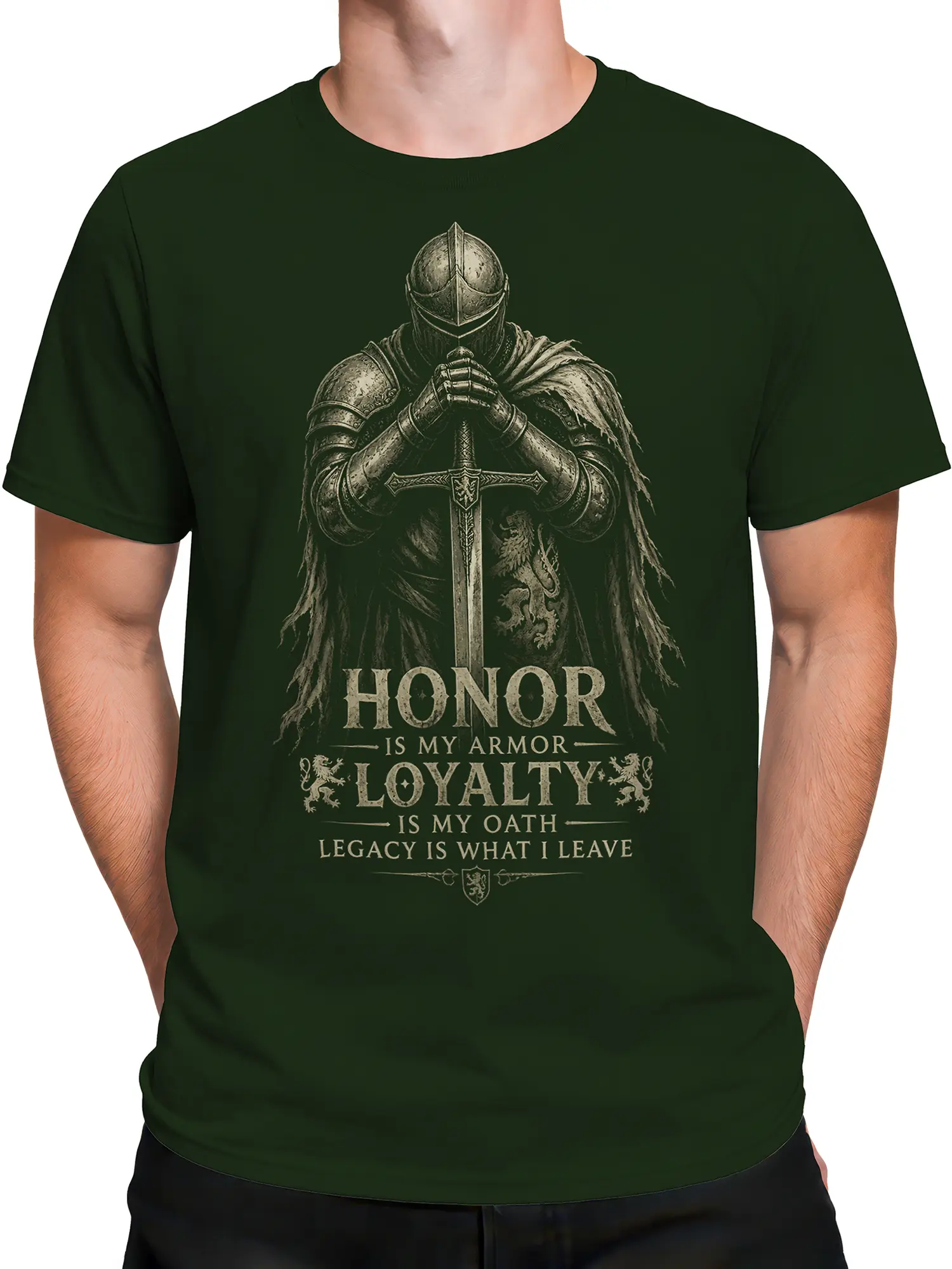 Male torso wearing green armored knight T-shirt with sword and dragon emblem design