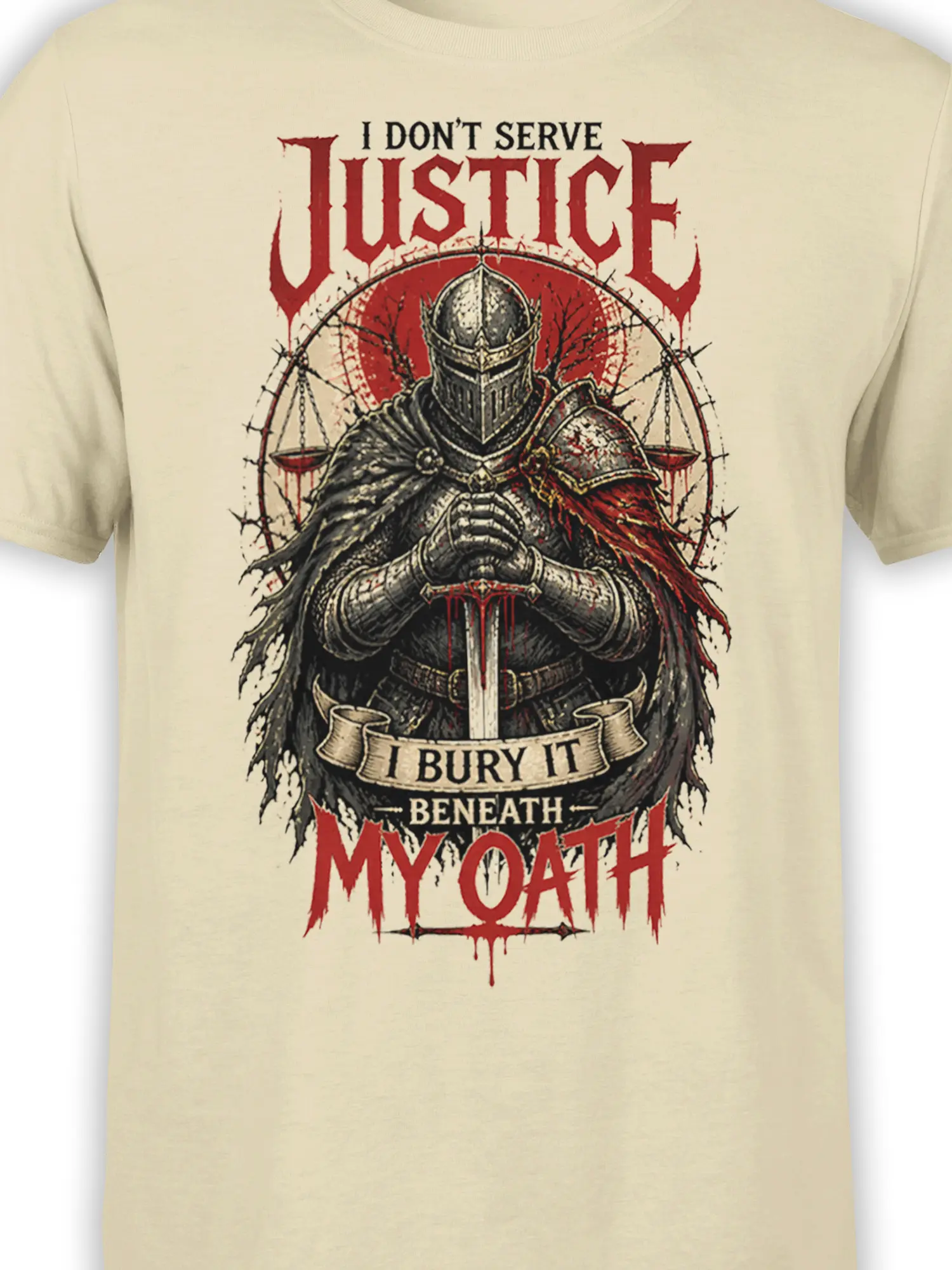 Close-up of armored knight, sword, scales, and gothic oath lettering on beige fantasy shirt