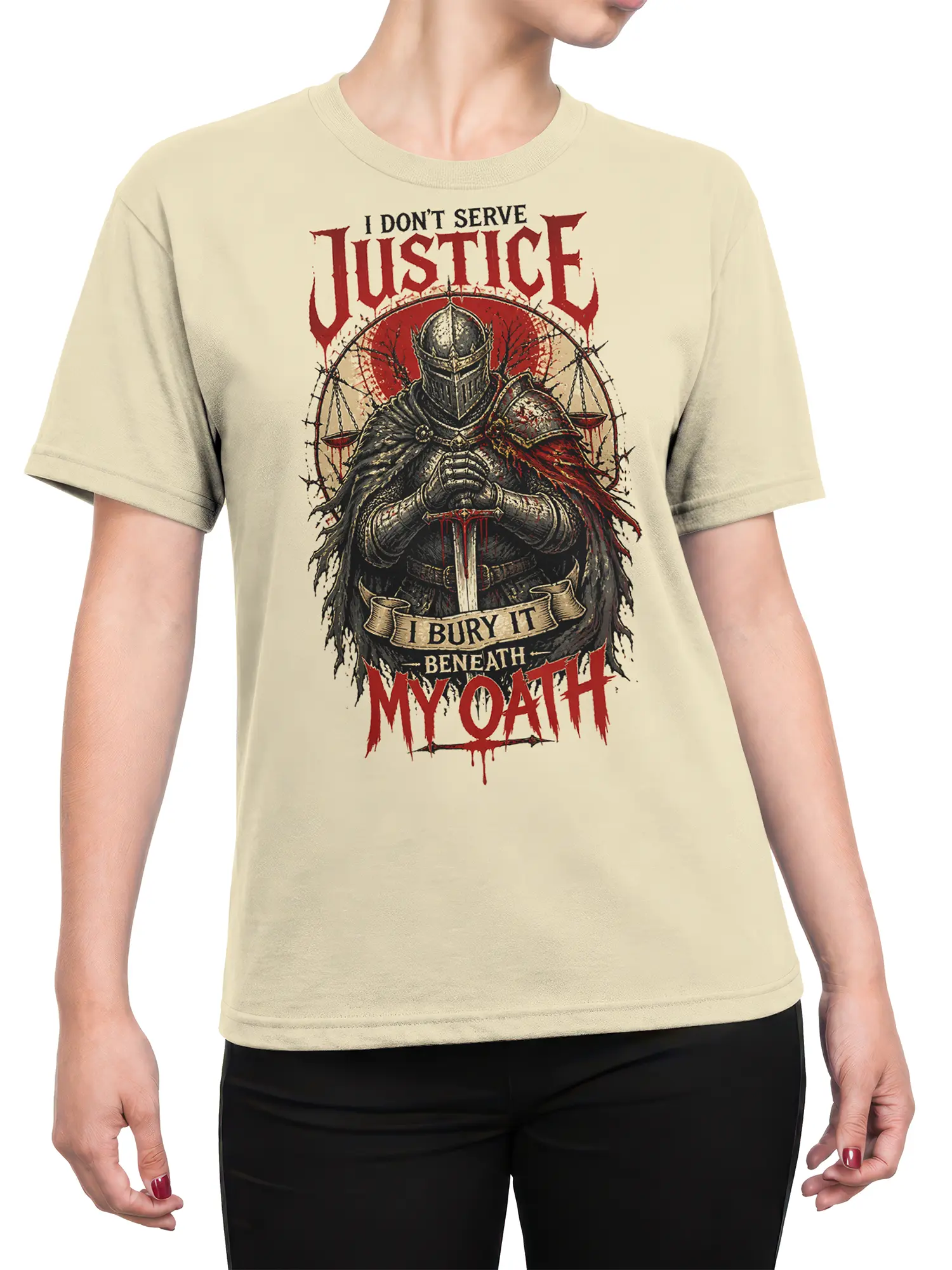 Female torso wearing beige fantasy T-shirt with armored knight, sword, scales, and oath lettering