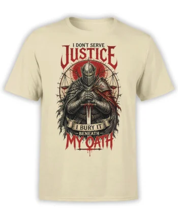 Armored medieval knight with sword and justice scales on a beige oath-themed fantasy T-shirt