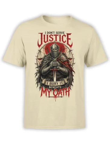Armored medieval knight with sword and justice scales on a beige oath-themed fantasy T-shirt