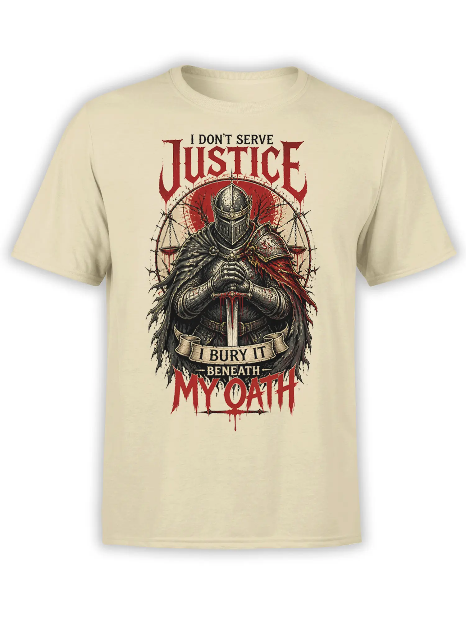 Armored medieval knight with sword and justice scales on a beige oath-themed fantasy T-shirt