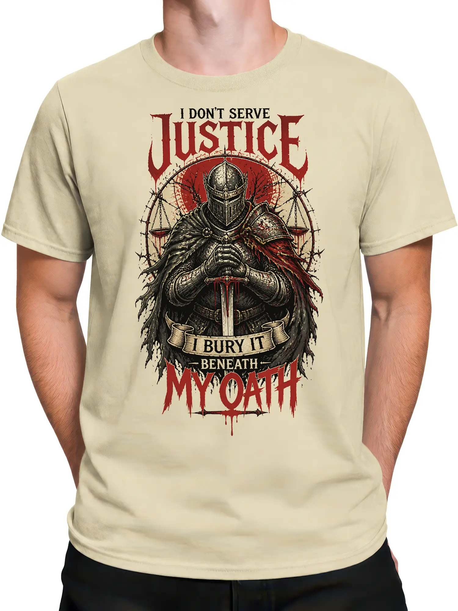 Male torso wearing beige knight fantasy T-shirt with sword, justice scales, and oath design