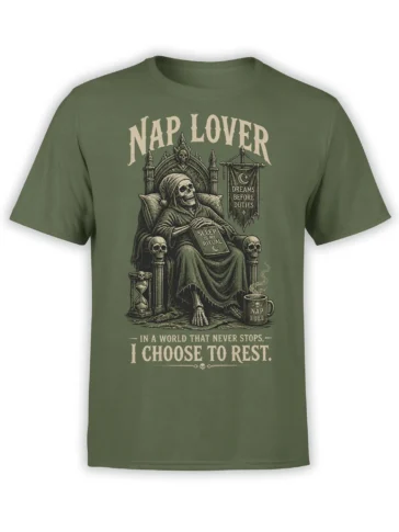 Olive green skull T-shirt with a hooded skeleton on a throne and the words Nap Lover
