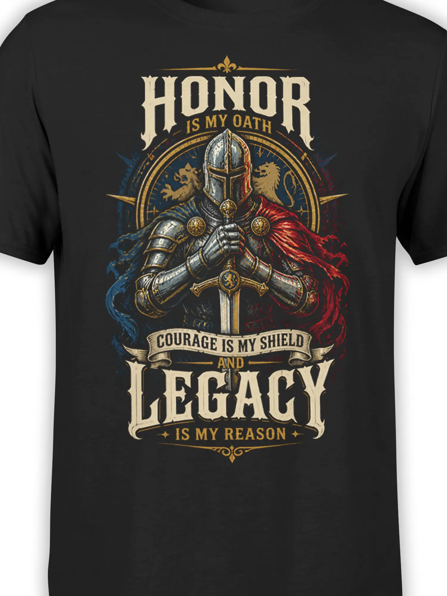 Close-up of armored knight artwork with sword, shield, red and blue accents, and medieval oath lettering