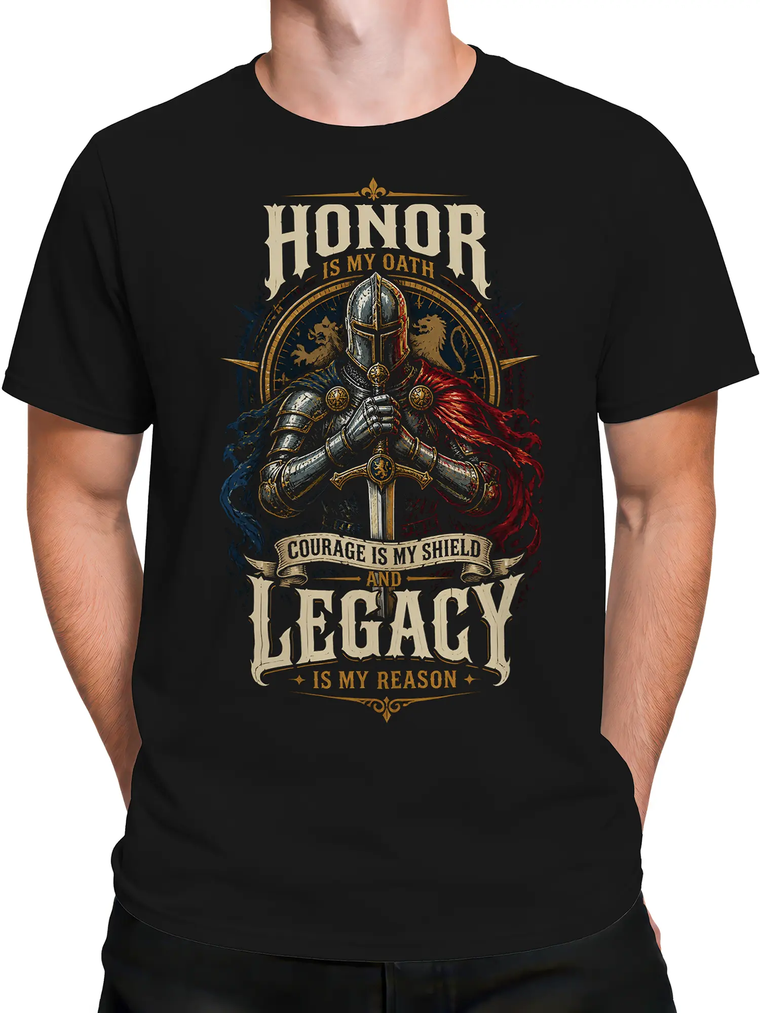 Male torso wearing a black medieval warrior T-shirt with knight armor, sword, shield, and heraldic text