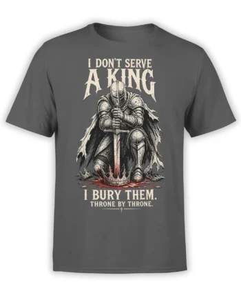 Armored medieval knight with sword and broken crown on a gray T-shirt with bold text