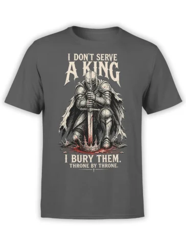 Armored medieval knight with sword and broken crown on a gray T-shirt with bold text