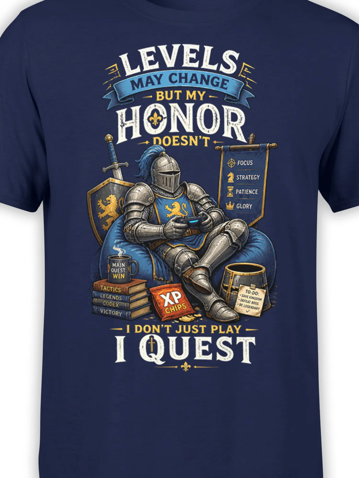 Close-up of armored knight, controller, XP chips, and quest details on a navy gaming T-shirt