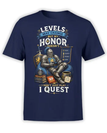 Armored knight gaming on a throne with quest text and controller graphic on a navy T-shirt