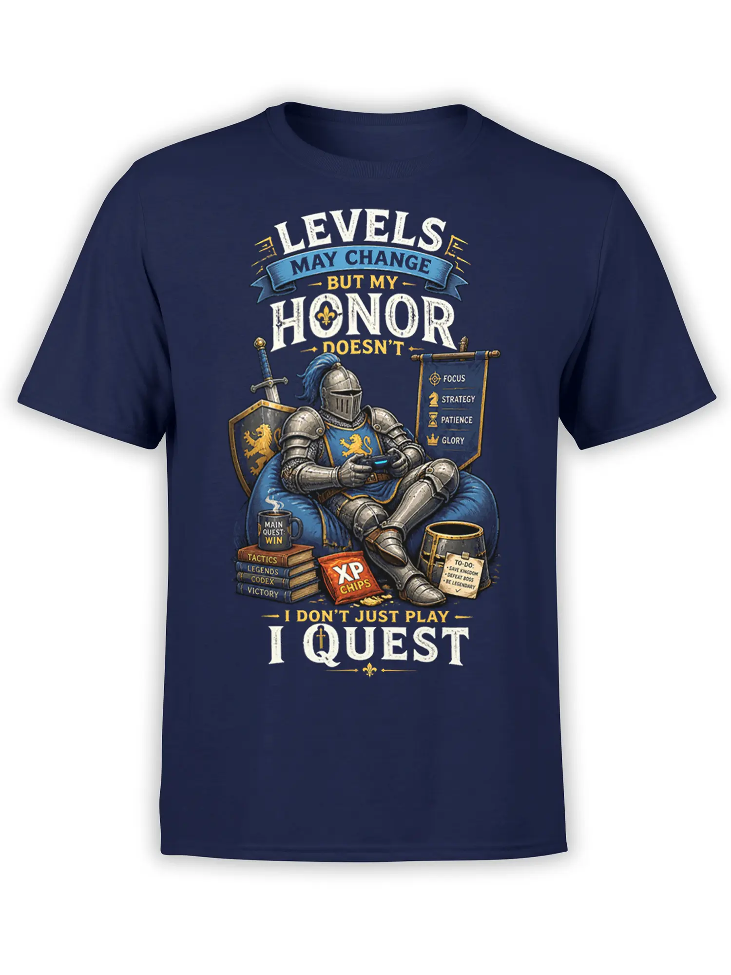 Armored knight gaming on a throne with quest text and controller graphic on a navy T-shirt
