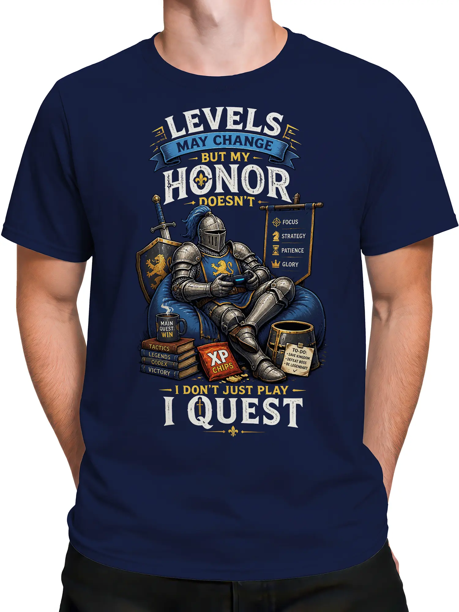 Male torso wearing a navy T-shirt with a fantasy knight, controller, and quest lettering