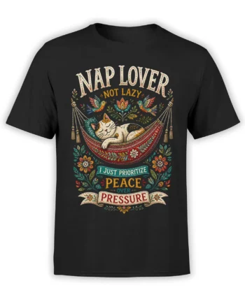 Black cat T-shirt with a sleeping cat in a colorful hammock and peace over pressure lettering