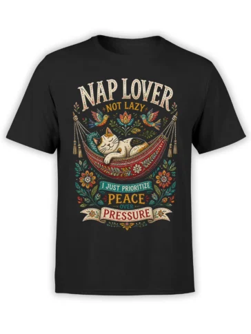Black cat T-shirt with a sleeping cat in a colorful hammock and peace over pressure lettering