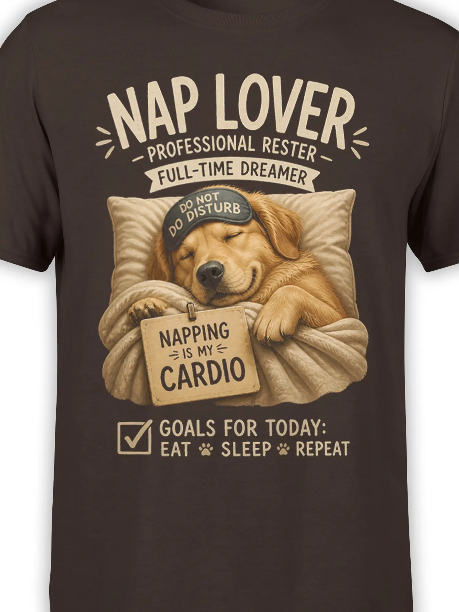 Close-up of sleeping dog graphic with nap lover text on a brown T-shirt