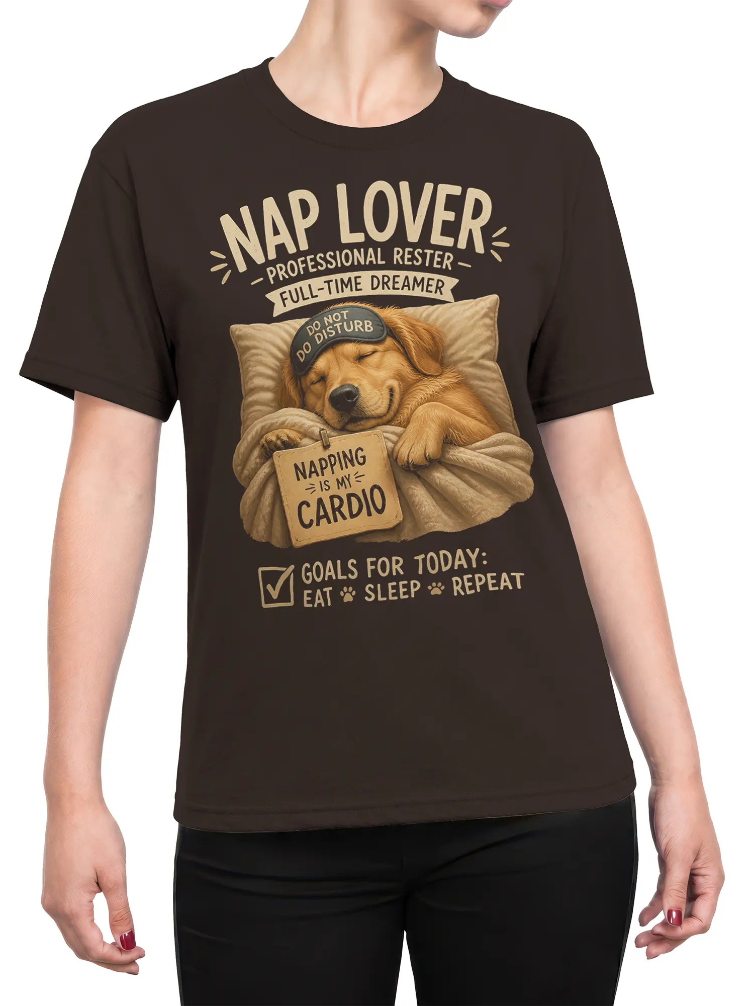 Female torso wearing brown dog T-shirt with sleepy pup and professional rester design