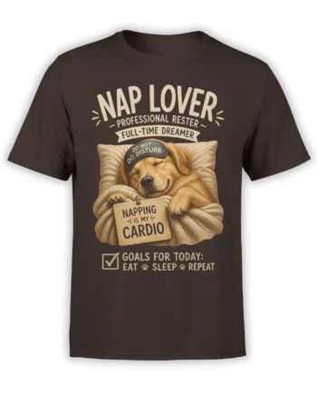 Brown dog T-shirt with sleeping pup, do not disturb mask, and eat sleep repeat design