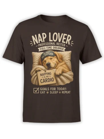 Brown dog T-shirt with sleeping pup, do not disturb mask, and eat sleep repeat design