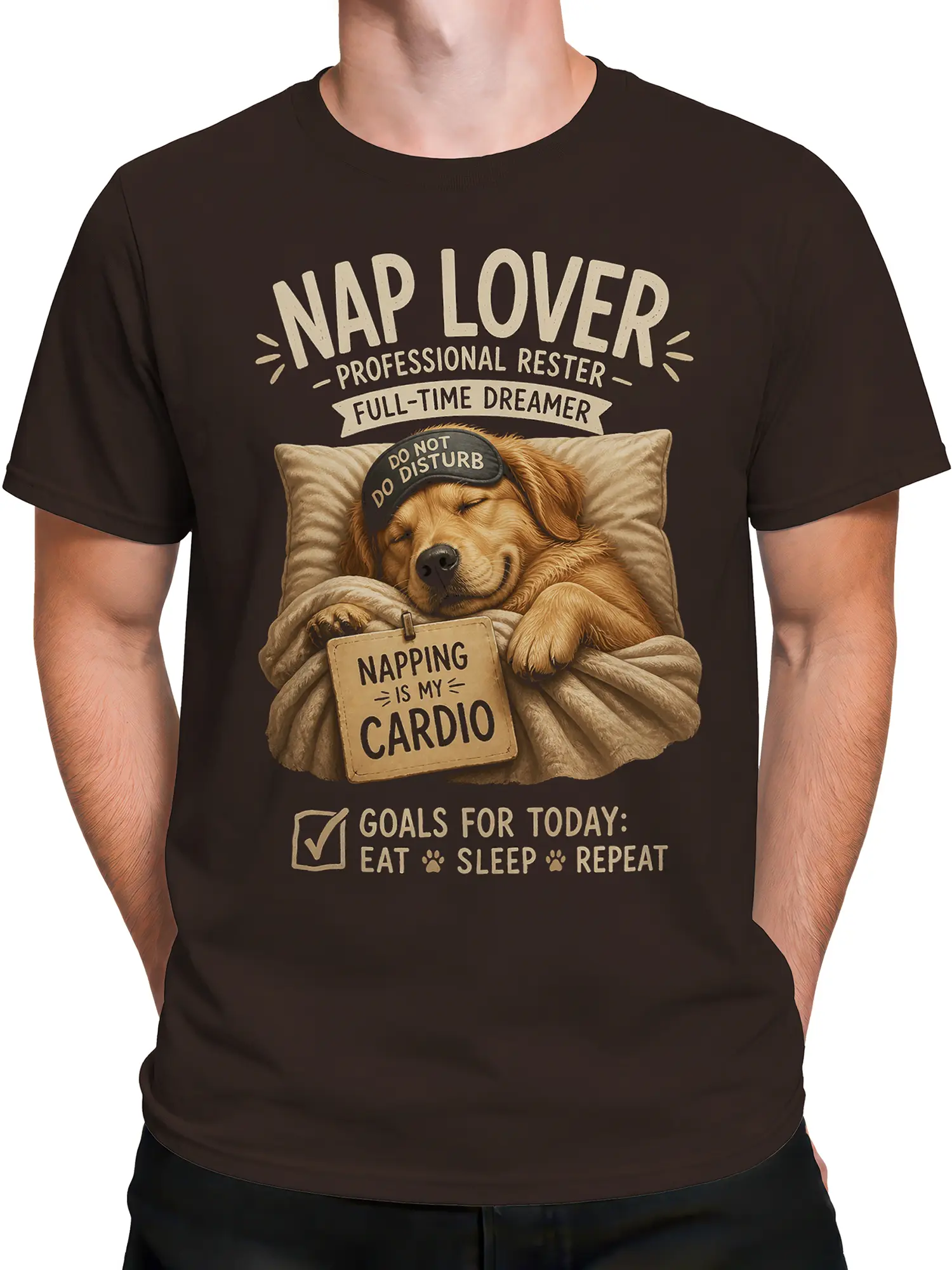 Male torso wearing brown dog T-shirt with do not disturb nap graphic