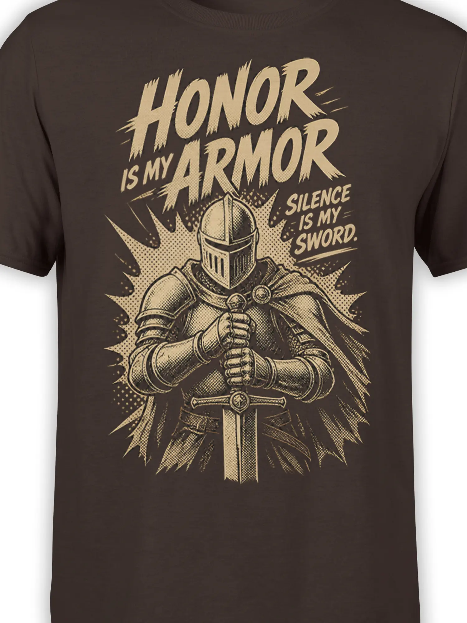Close-up of knight armor, sword, and bold Honor Is My Armor artwork on a brown T-shirt