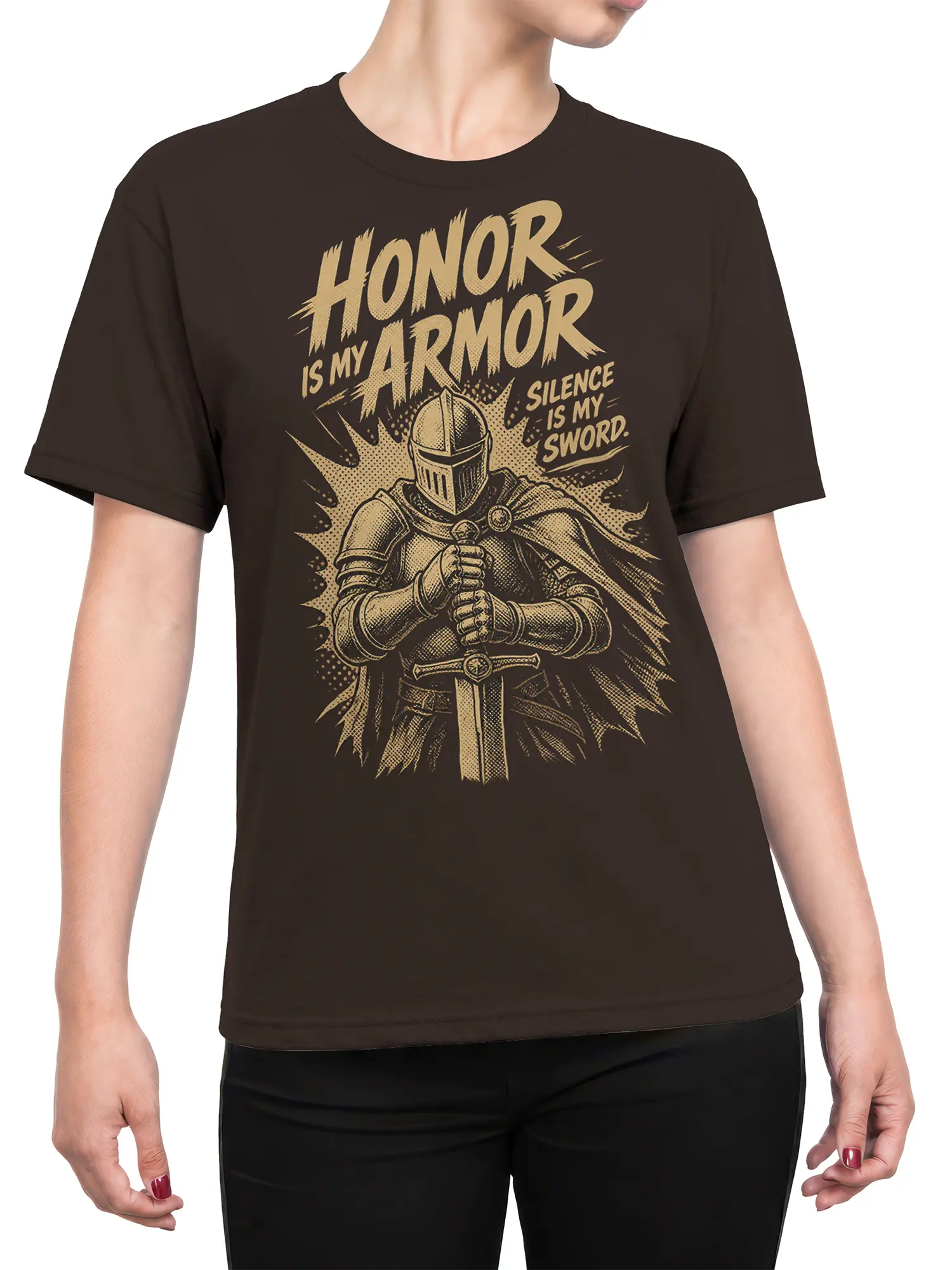 Female torso wearing a brown knight T-shirt with sword artwork and Silence Is My Sword lettering