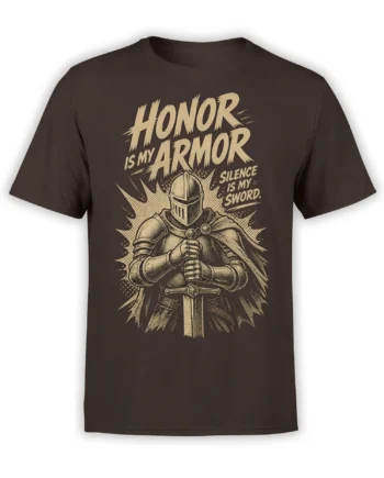 Medieval knight holding a sword on a brown T-shirt with Honor Is My Armor lettering