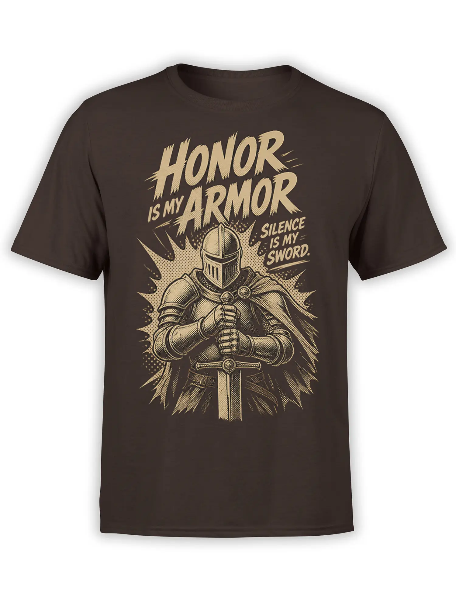 Medieval knight holding a sword on a brown T-shirt with Honor Is My Armor lettering