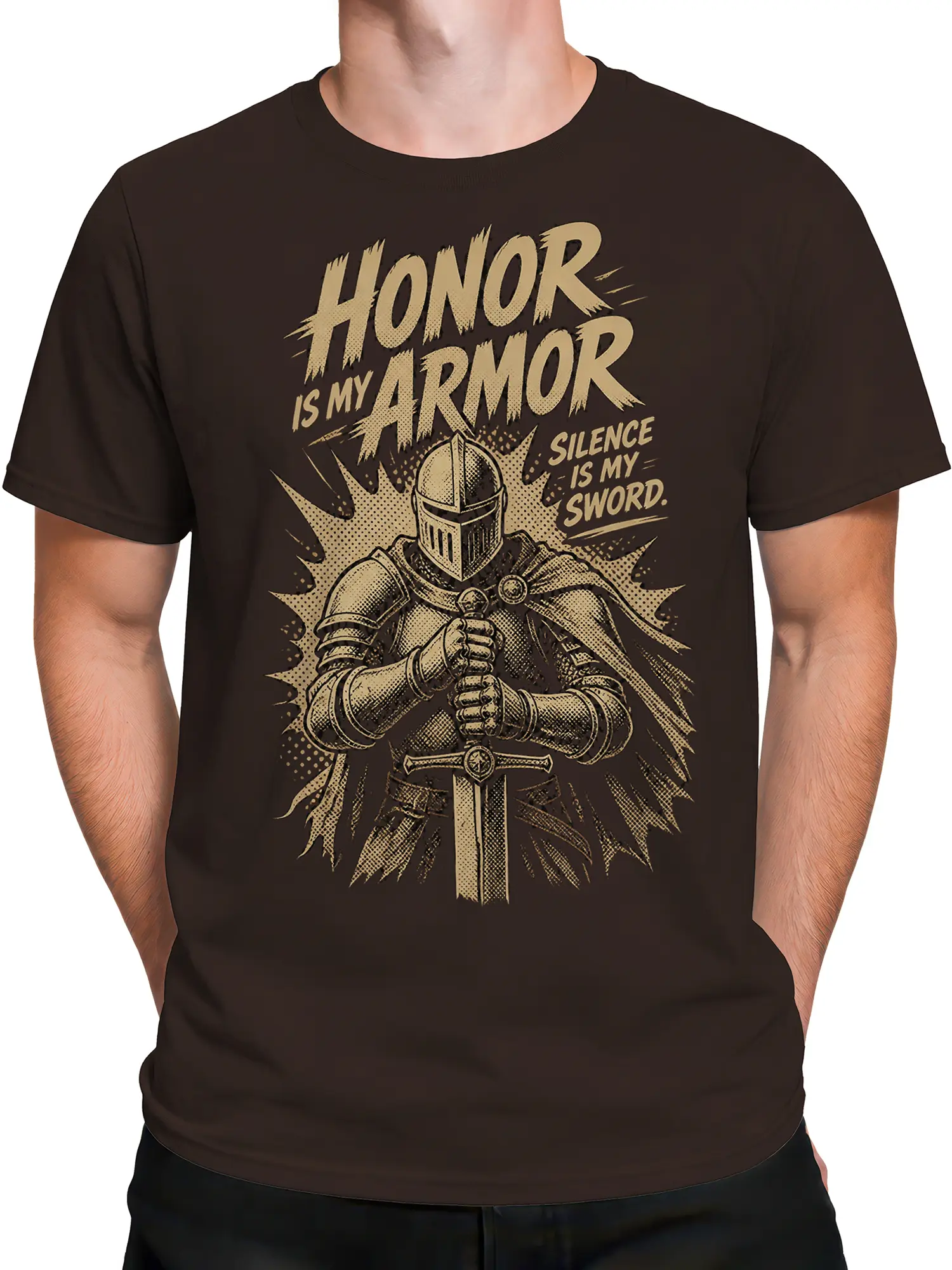 Male torso wearing a brown medieval knight T-shirt with bold cream sword artwork