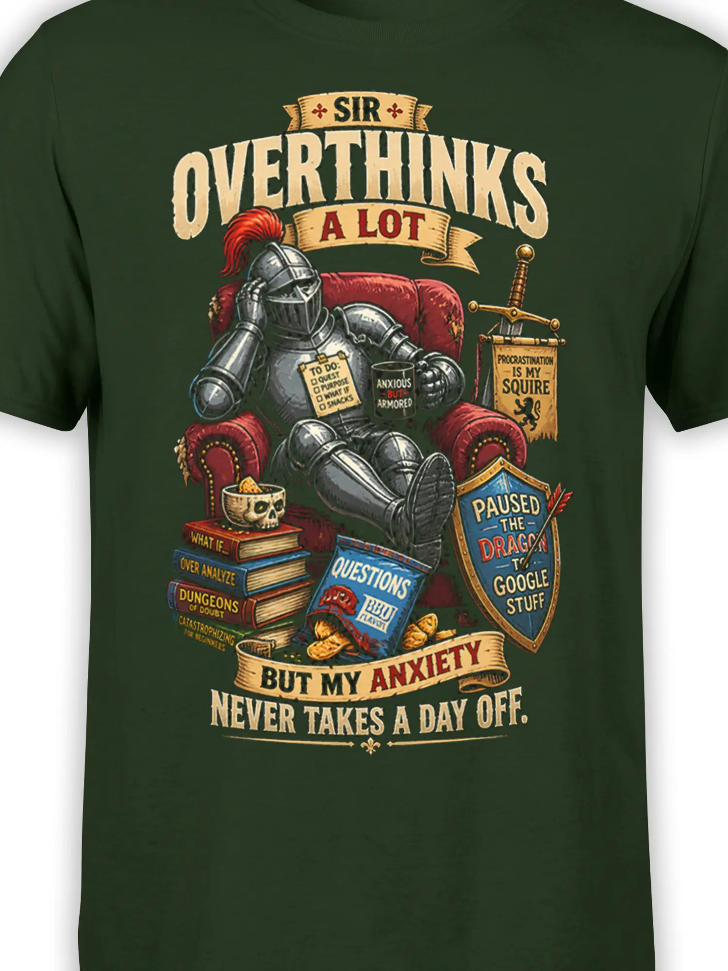 Close-up of anxious armored knight artwork with books, shield, sword, and vintage fantasy lettering on a dark green T-shirt