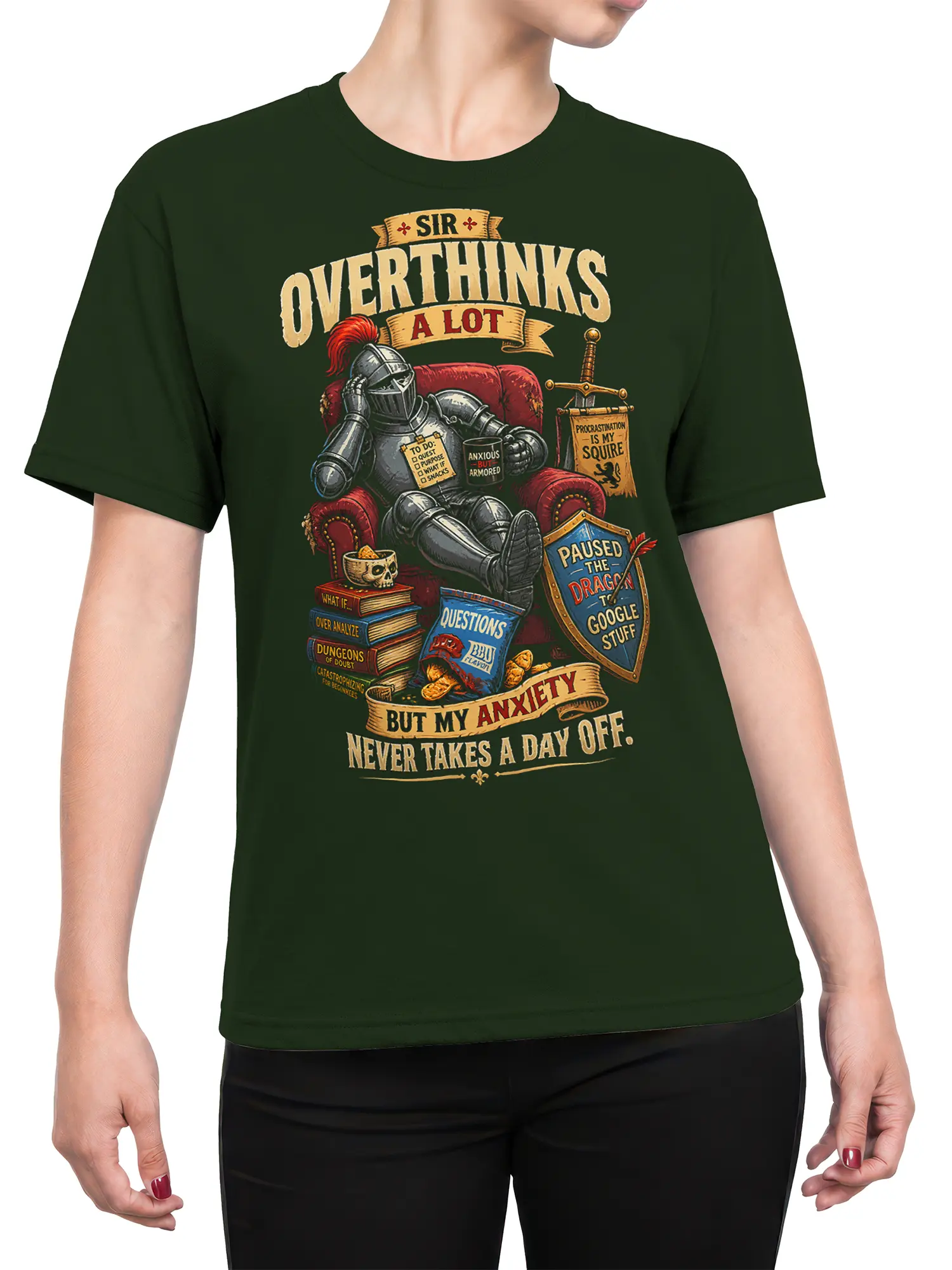 Female torso wearing a dark green T-shirt with an anxious knight, fantasy books, and vintage overthinking artwork