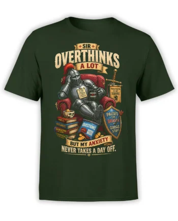 Anxious armored knight sitting in a red armchair with fantasy books and vintage lettering on a dark green T-shirt